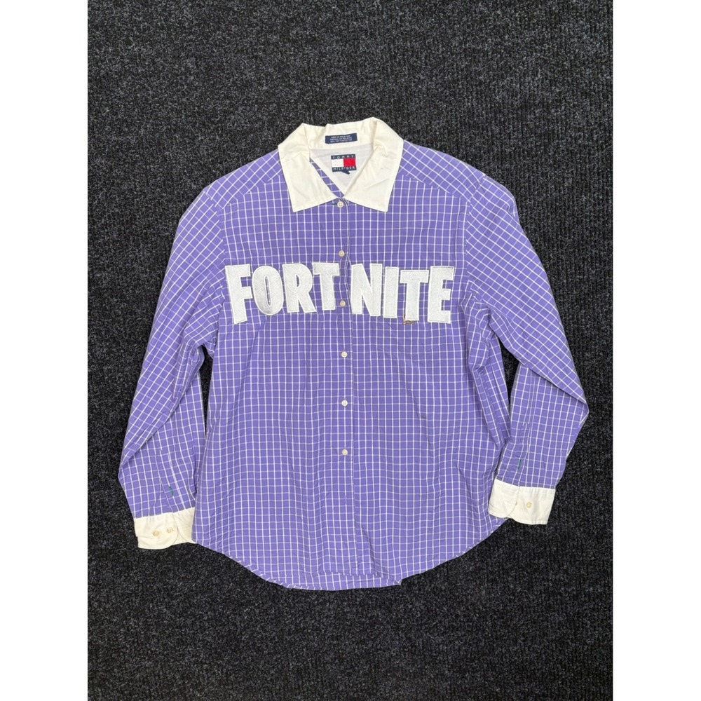 Tommy Hilfiger Fortnite Custom Purple Grid Button Down Shirt Mens 16 Cotton